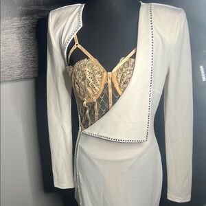 Private Label White Asymmetrical Dress with Gold Lace Bodice Accent